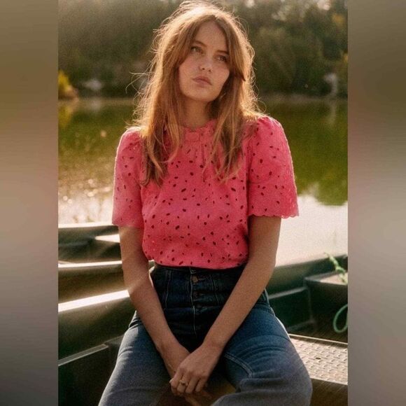Sezane Tops - Sezane Louisah Pink Eyelet Keyhole Back Closure Short Sleeve Blouse Sz 36/US 4